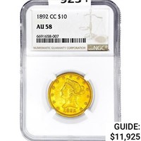 1892-CC $10 Gold Eagle NGC AU58