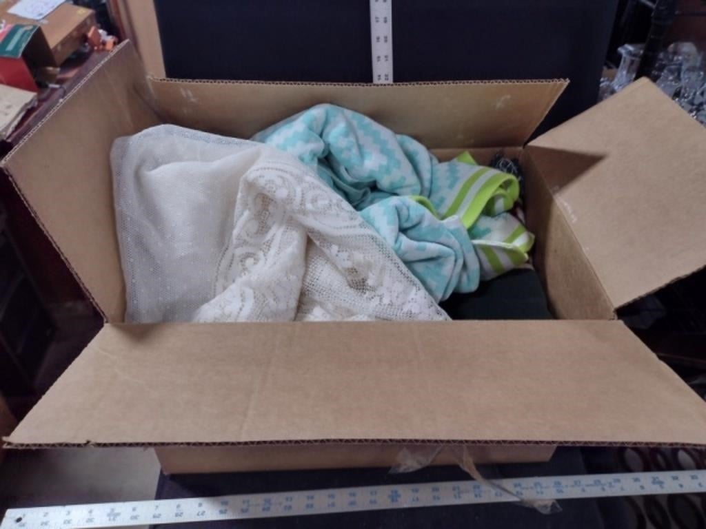 Box Lot of Blankets/Towels/Curtains