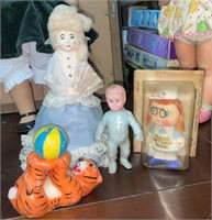 Misc Doll/Toy Lot: Circus Tiger Candle, Bottle