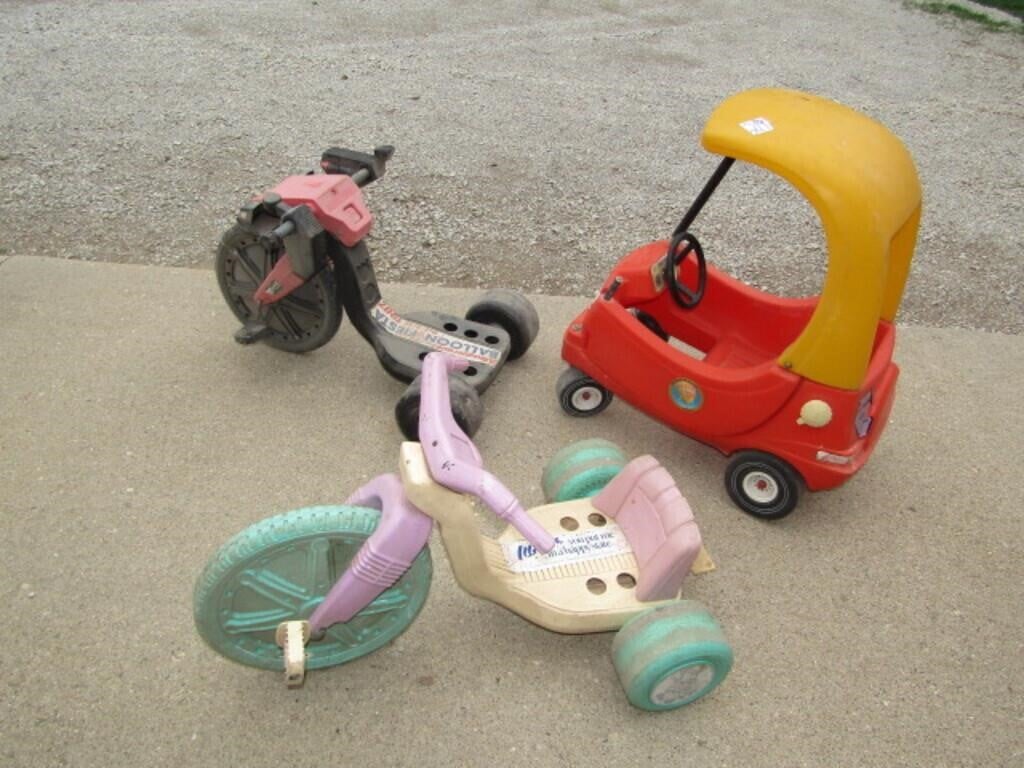 2 HIGH WHEELER PLASTIC TRICYCLES,CHILD'S CAR