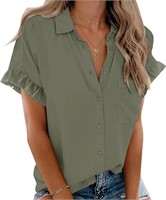 Womens Short Sleeve Button Down V Neck Blouse Tops