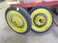 2 FORD 30 X5 HARD RUBBER TIRES ON WIRE SPOKE