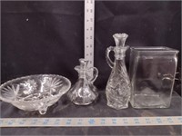 Clear Cut Glass Bowl, Cruets, & Vase