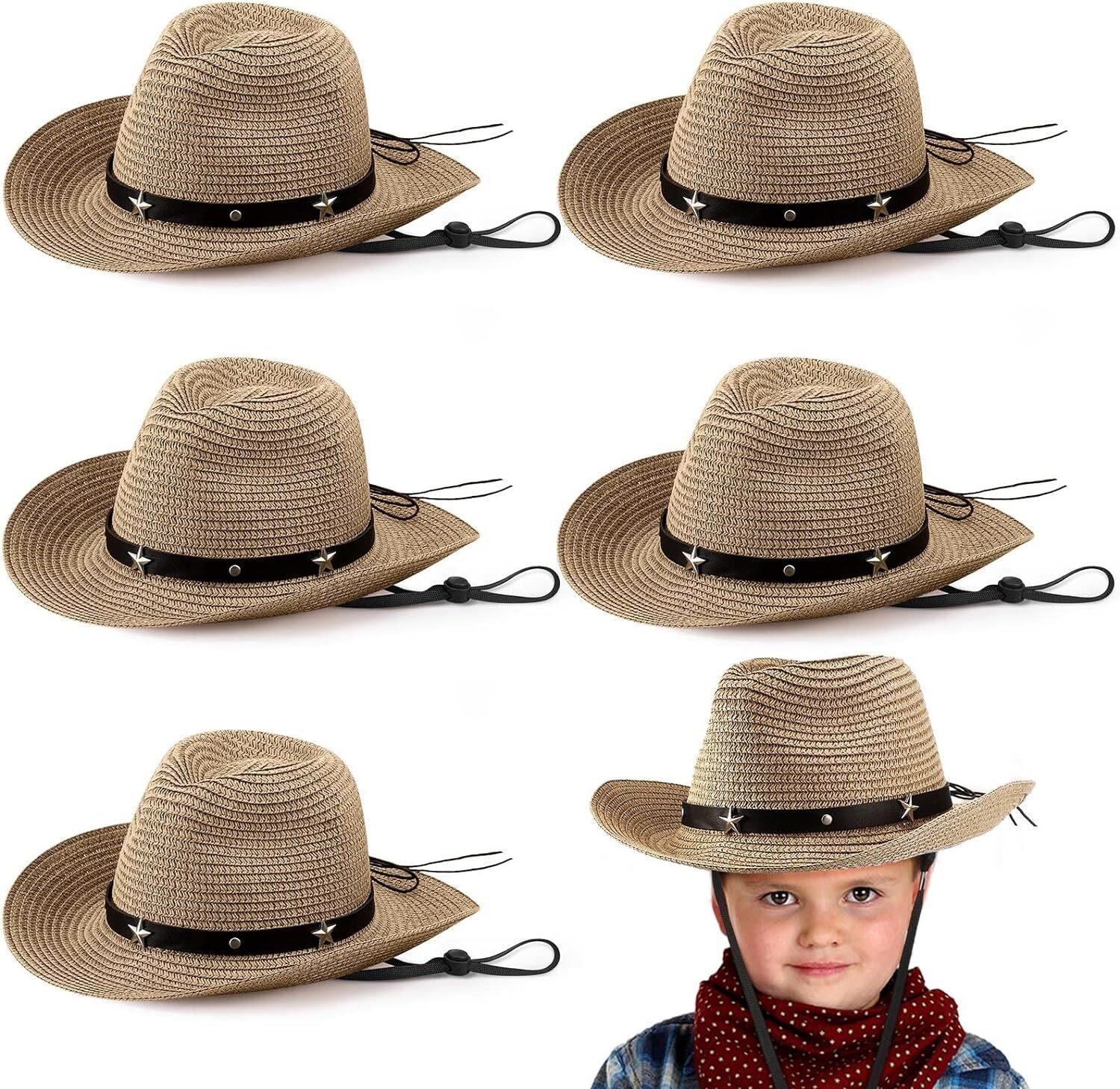 6pcs Kids Summer Straw Cowboy Hats