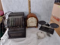 Vintage Cash Register, Scale & Clock