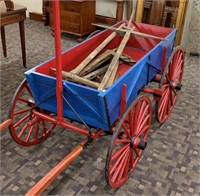 Antique Red & Blue Painted Wooden Wagon