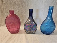 3 Vintage Colored Glass Liquor Bottles