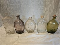 5 Vintage Colored Glass Liquor Bottles