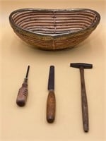 Vintage Wood Handled Tools & Wood And Brass Basket