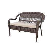 Brown Wicker Patio Loveseat with Beige Cushions