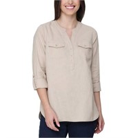 Tahari Women's LG Roll Sleeve Henley Shirt, Large