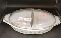 Vintage Pyrex snowflake pattern divided dish with