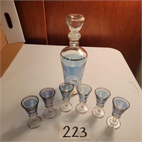 Really Neat Etched Blue Decanter and 6 Glasses