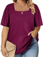 SQUARE NECK PUFF SLEEVE LOOSE T SHIRT 4XL PURPLE