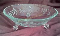Vintage Etched Footed Glass Bowl