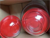 Three covered Pyrex bowls, 2 Pyrex glass pie