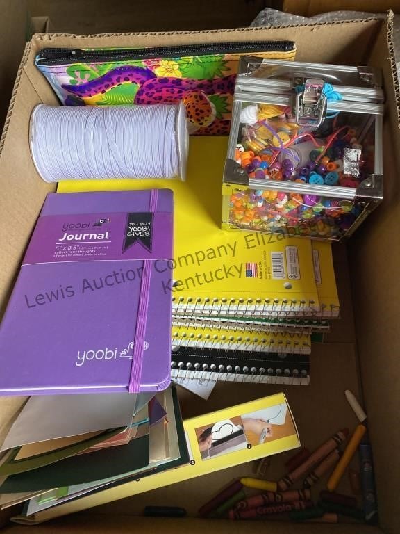 Box of notebooks, journal, beads , buttons and