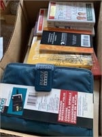 Box of assorted books , sewing items, dominoes