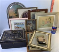 Assorted Pictures, Frames, Cashbox with No Key