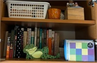 V - MIXED LOT OF BOOKS, NOTE CARDS, BASKET, MORE