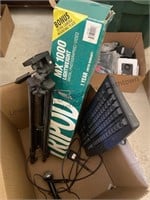 Two box lot , 2 tripods, keyboard, camcorder and