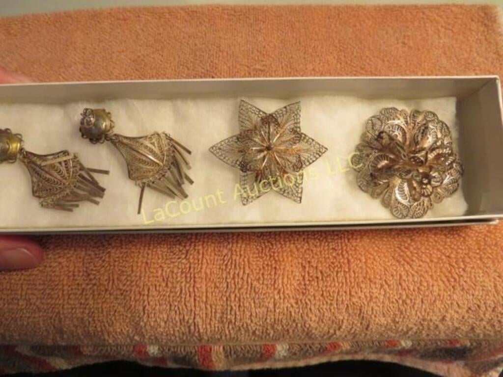 vintage filigree pin brooches & earrings art deco