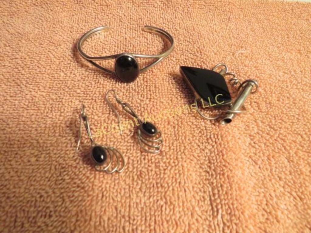 black stone bracelet earrings & slide Sterling
