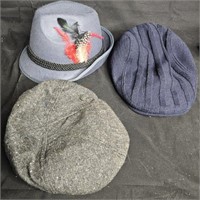 2 men's beret style hats and one more no name w/