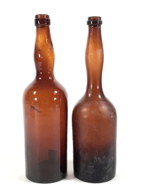 2 Early Amber Glass Lady's Leg Bitters Bottles