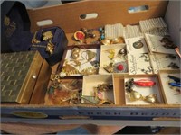 assorted costume jewelry pins accordian box