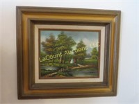 framed painted painting water woods scene