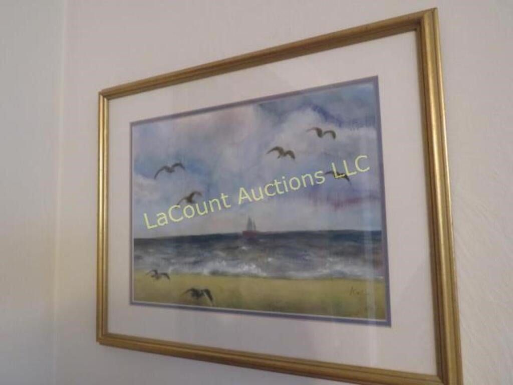 nice beach scene framed water color painting