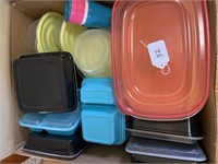 2 Boxes of Plasticware, Pyrex Casserole w/ Carrier