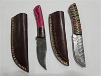 2 - DAMASCUS STEEL KNIFE & SHEATH 9.5" & 8.5" LONG
