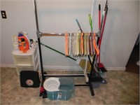 Clothes Rack, Scale, Mops, Brooms, Plastic Bin,