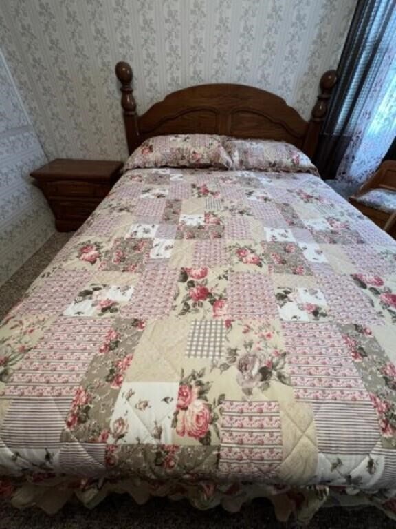 Queen Size Bed with Bedding & Night Stand