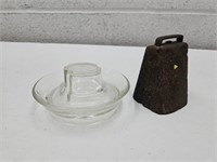 Primitive Cow Bell & Glass Chicken Waterer