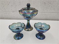 Carnival Glass Compote w/Lid & Candleholders