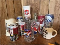 Assorted Mugs, Glasses, Beer Cans