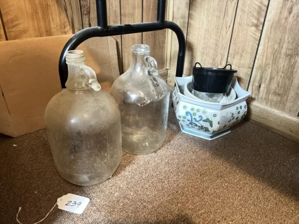 2 Glass Cider Jars, Planters, & 2 Pictures