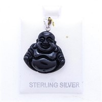 Hand Carved Black Jade Happy Budah Pendant w Sterl