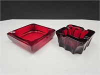 2 Heavy Ruby Red Ashtrays 4.5" & 6" Wide