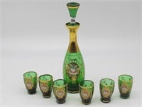 BEAUTIFUL GREEN VENETIAN GLASS DECANTER SET 12 IN