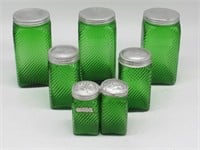LOT OF 7 OF EARLY GREEN SPICE JAR SET 1930'S