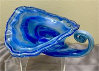 Blue Art Glass Hand Blown Swirl Bowl Dish