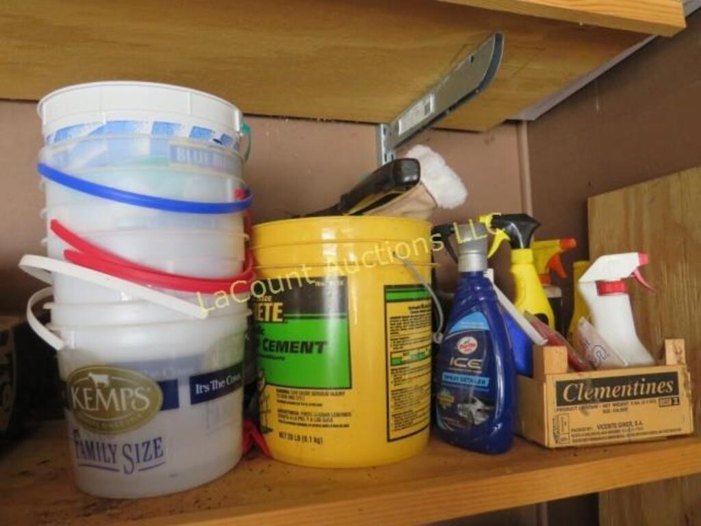 garage fluids pails soda tab tops on shelf