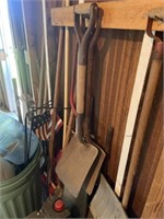 Assorted Long Handled Tool & Trash Can
