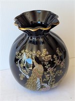 Vintage Black Vase w/ Peacocks