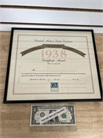 1938 General Motors framed Training Certificate
