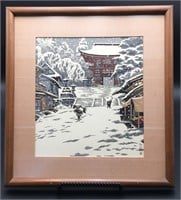 Asian Winter Scene with Pagoda & Men